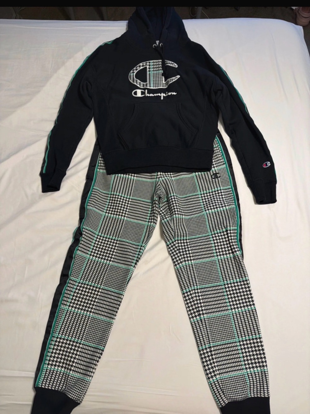 Champion Black Hoodie (Small) and Black/White Plaid Joggers (Med) with Teal Trim